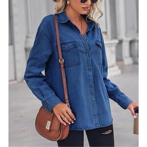 Chouyatou Button Down Denim Shirt Shirt Top Shacket XL Womens Blue Fall NWT